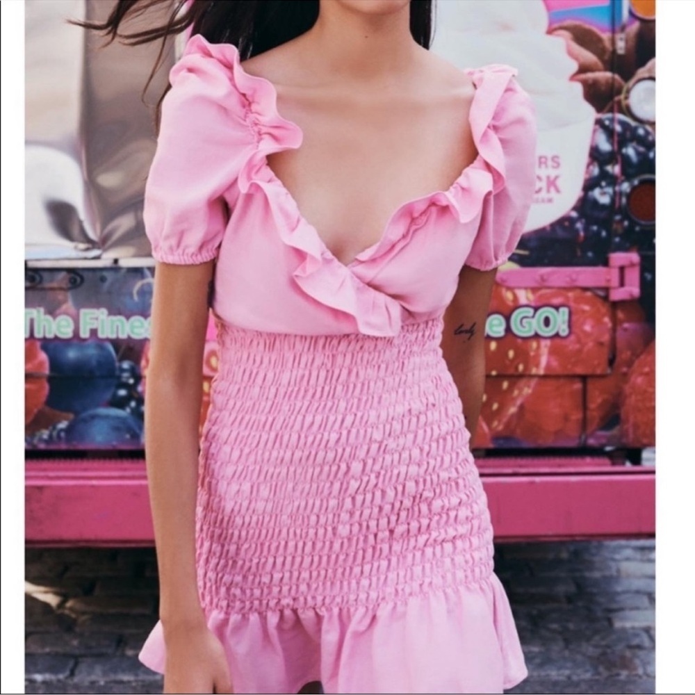 Zara pink smocked linen mini ruffle dress